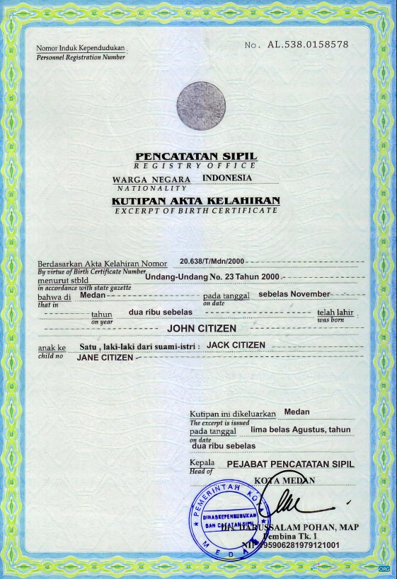Download Indonesia birth certificate template in PSD format, Photoshop template